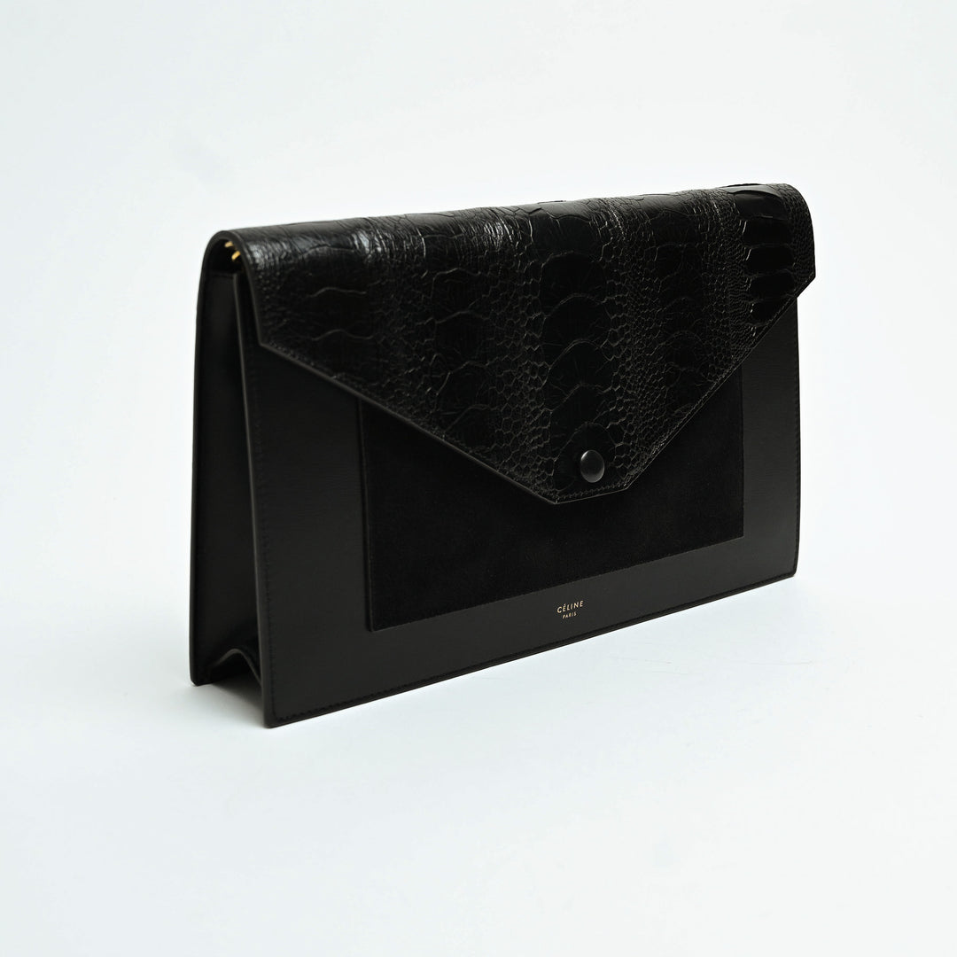 Celine Black Suede & Croc Embossed Leather Envelope Clutch with Chain