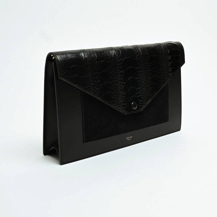 Celine Black Suede & Croc Embossed Leather Envelope Clutch with Chain