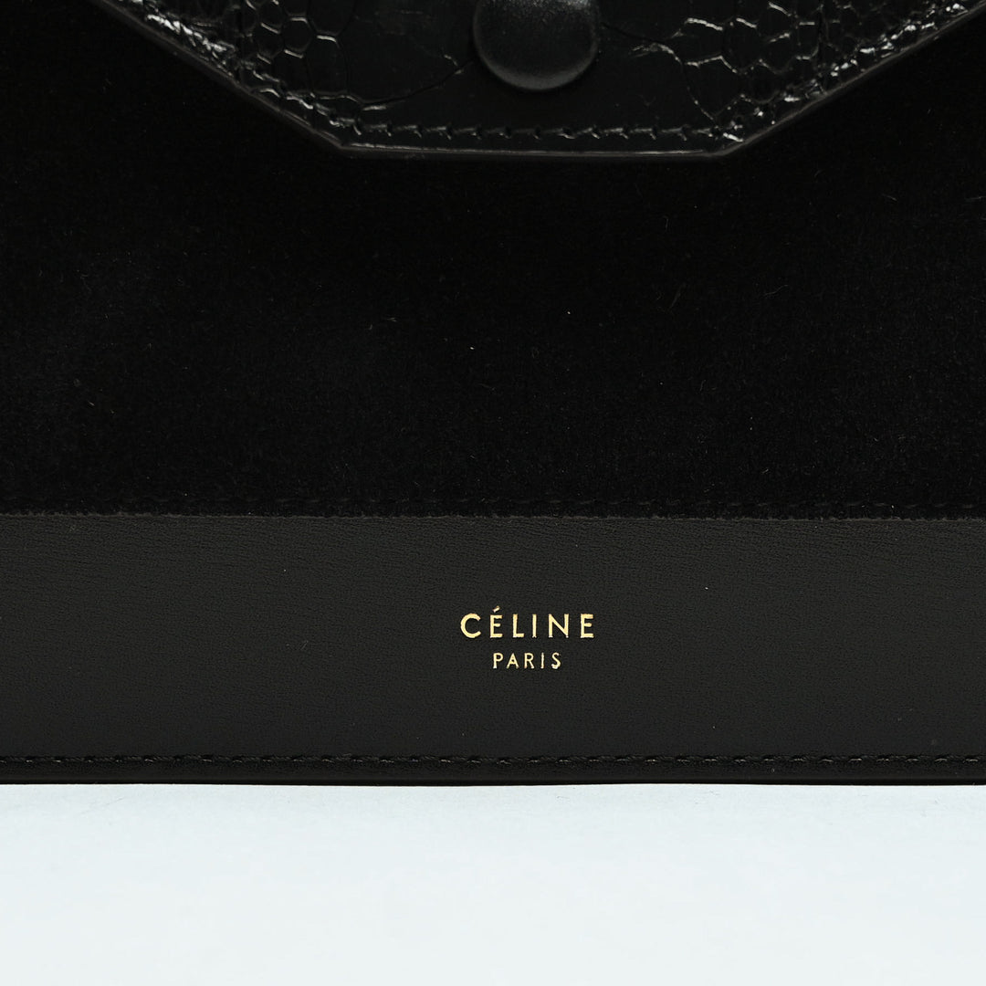 Celine Black Suede & Croc Embossed Leather Envelope Clutch with Chain