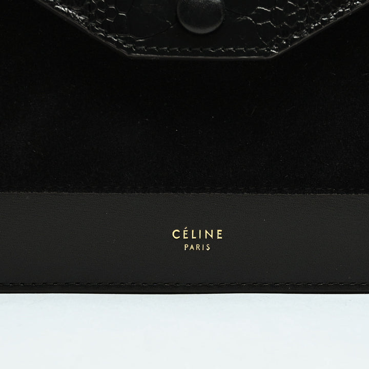 Celine Black Suede & Croc Embossed Leather Envelope Clutch with Chain