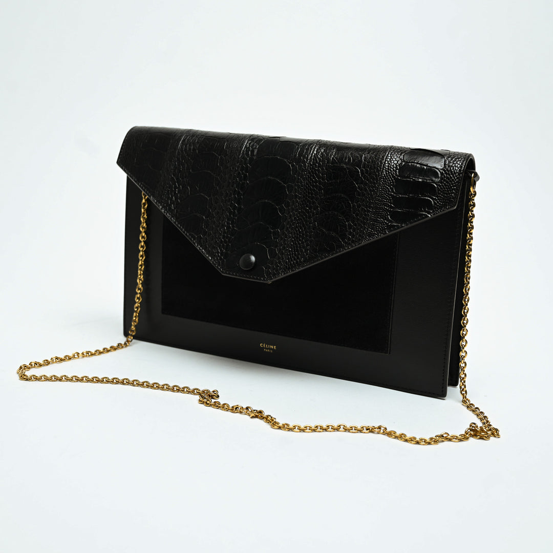 Celine Black Suede & Croc Embossed Leather Envelope Clutch with Chain