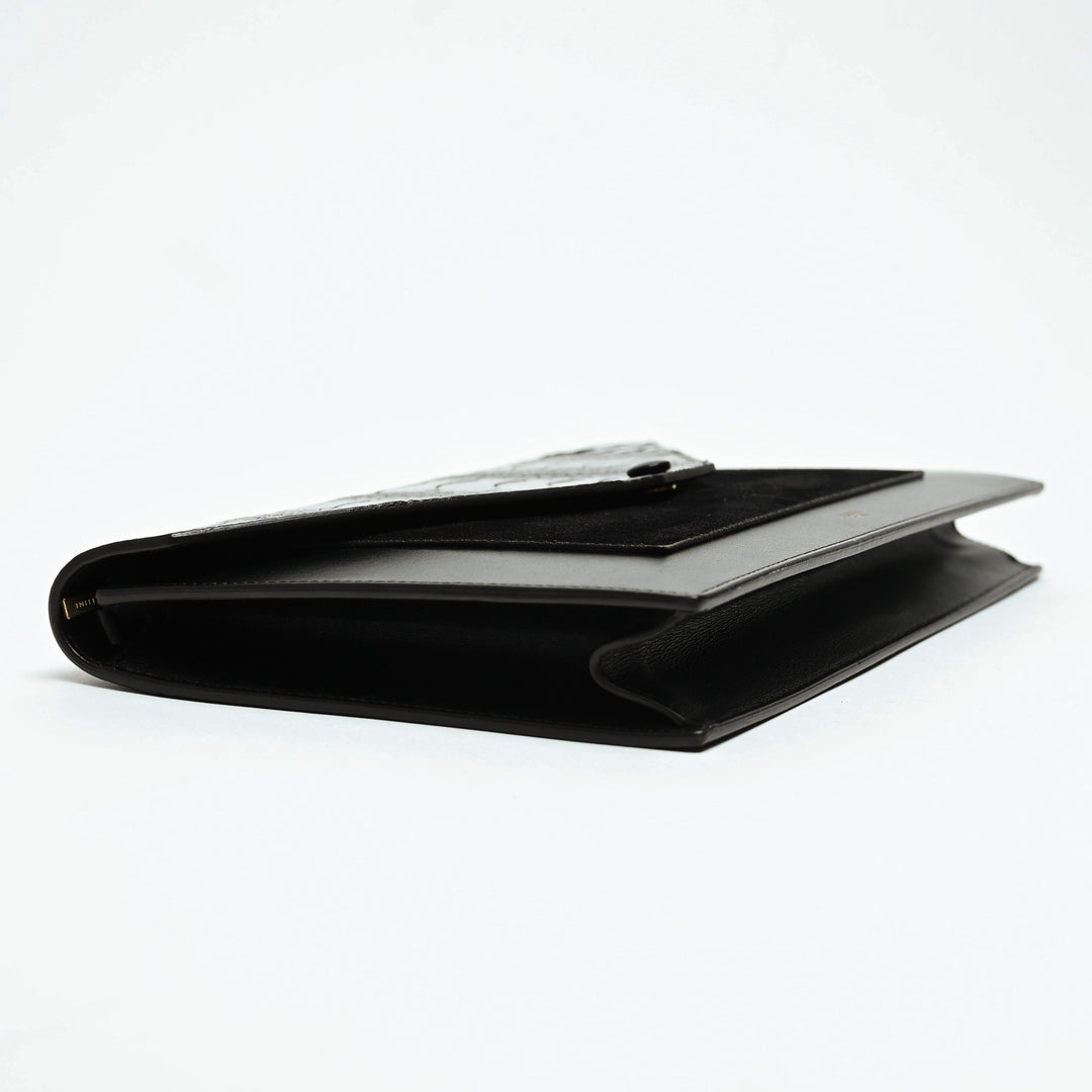 Celine Black Suede & Croc Embossed Leather Envelope Clutch with Chain