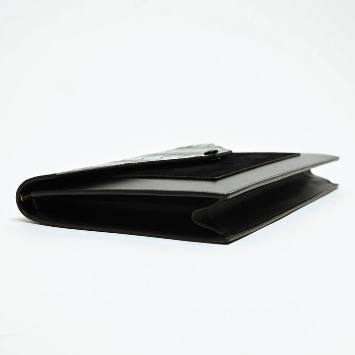 Celine Black Suede & Croc Embossed Leather Envelope Clutch with Chain