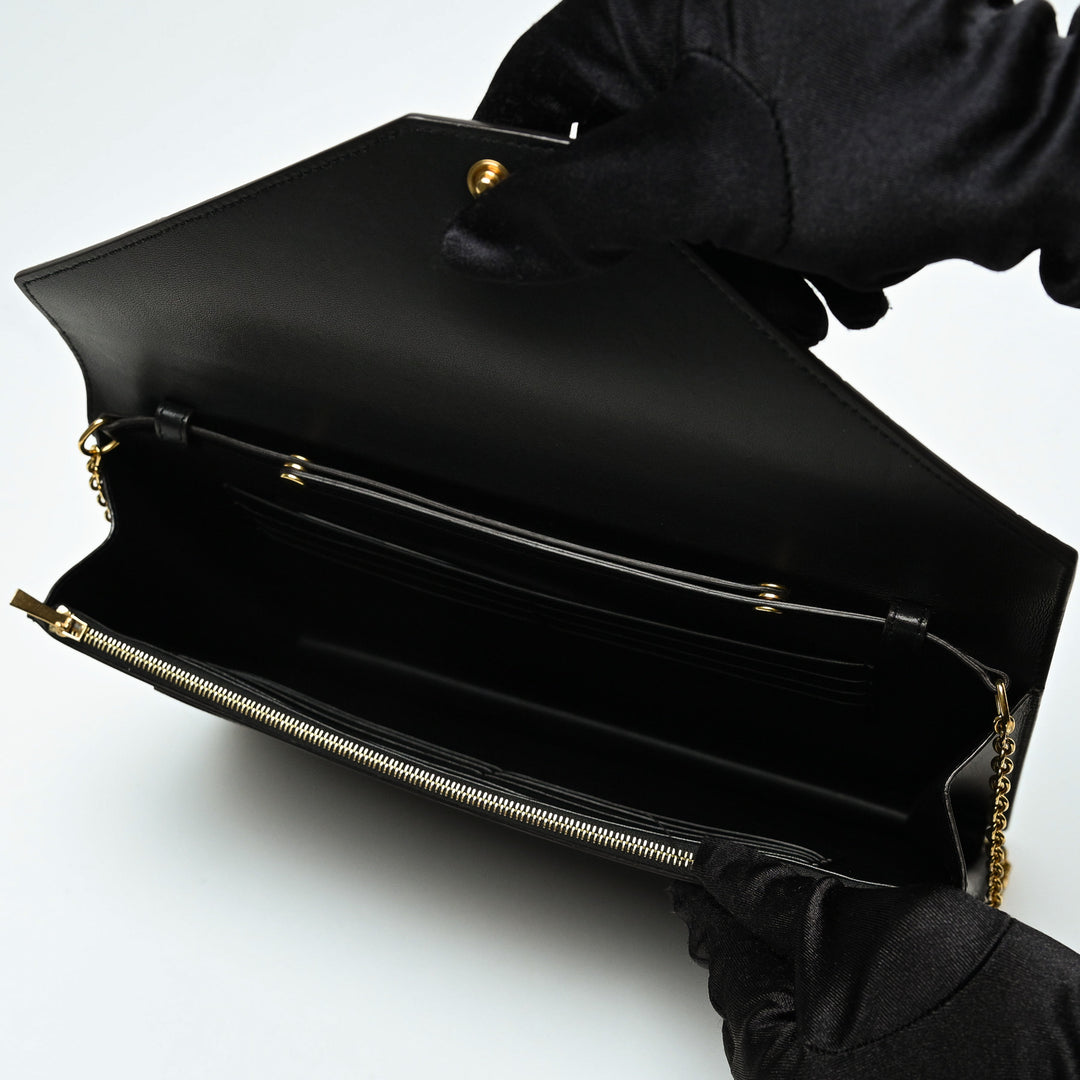 Celine Black Suede & Croc Embossed Leather Envelope Clutch with Chain