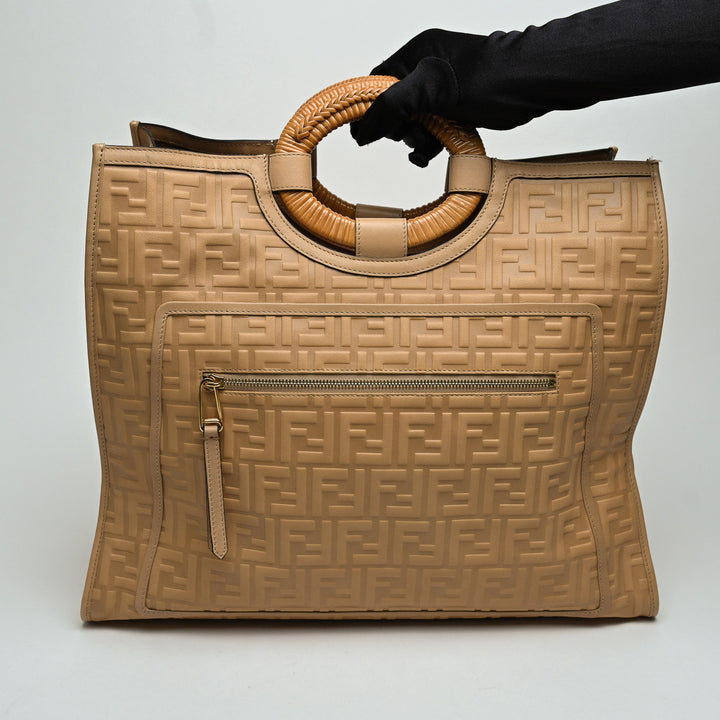 Fendi Beige Debossed Nappa Leather Zucca Large Runaway Shopper Tote