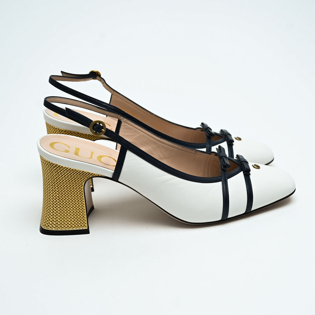 Gucci White Calf Leather GG Block Heel Slingback Pumps Size 40