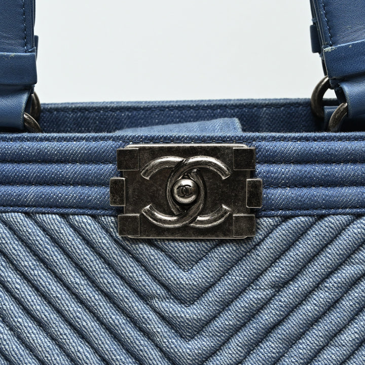 Pre-Loved Chanel™ Blue Quilted Chevron Denim Boy Tote Bag