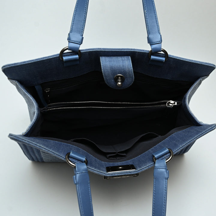 Pre-Loved Chanel™ Blue Quilted Chevron Denim Boy Tote Bag