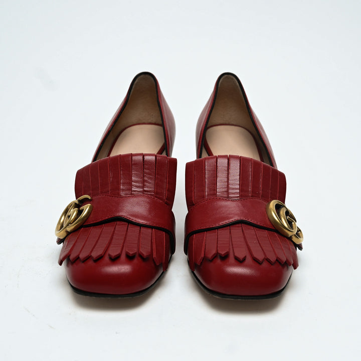Gucci Red Calfskin Leather GG Marmont Fringe Loafer Pumps Size 36.5