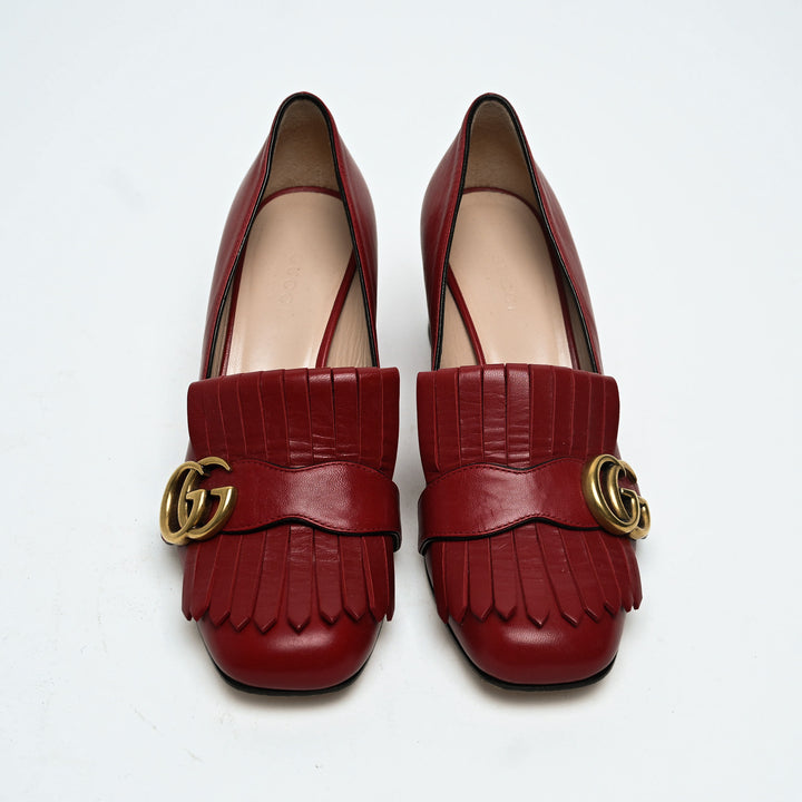 Gucci Red Calfskin Leather GG Marmont Fringe Loafer Pumps Size 36.5