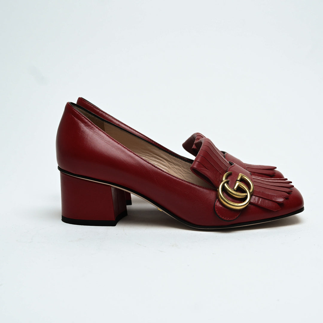 Gucci Red Calfskin Leather GG Marmont Fringe Loafer Pumps Size 36.5
