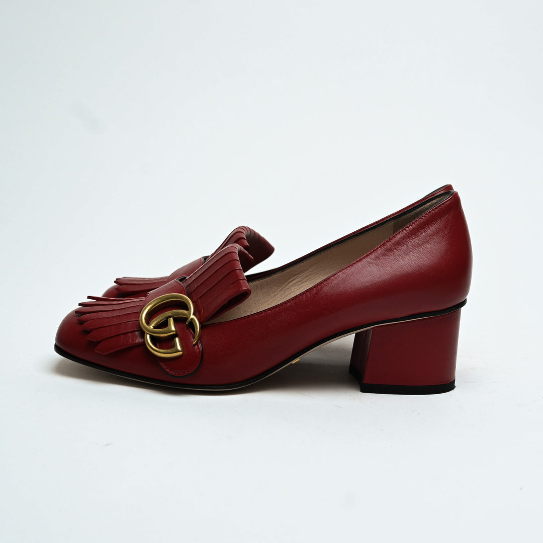Gucci Red Calfskin Leather GG Marmont Fringe Loafer Pumps Size 36.5