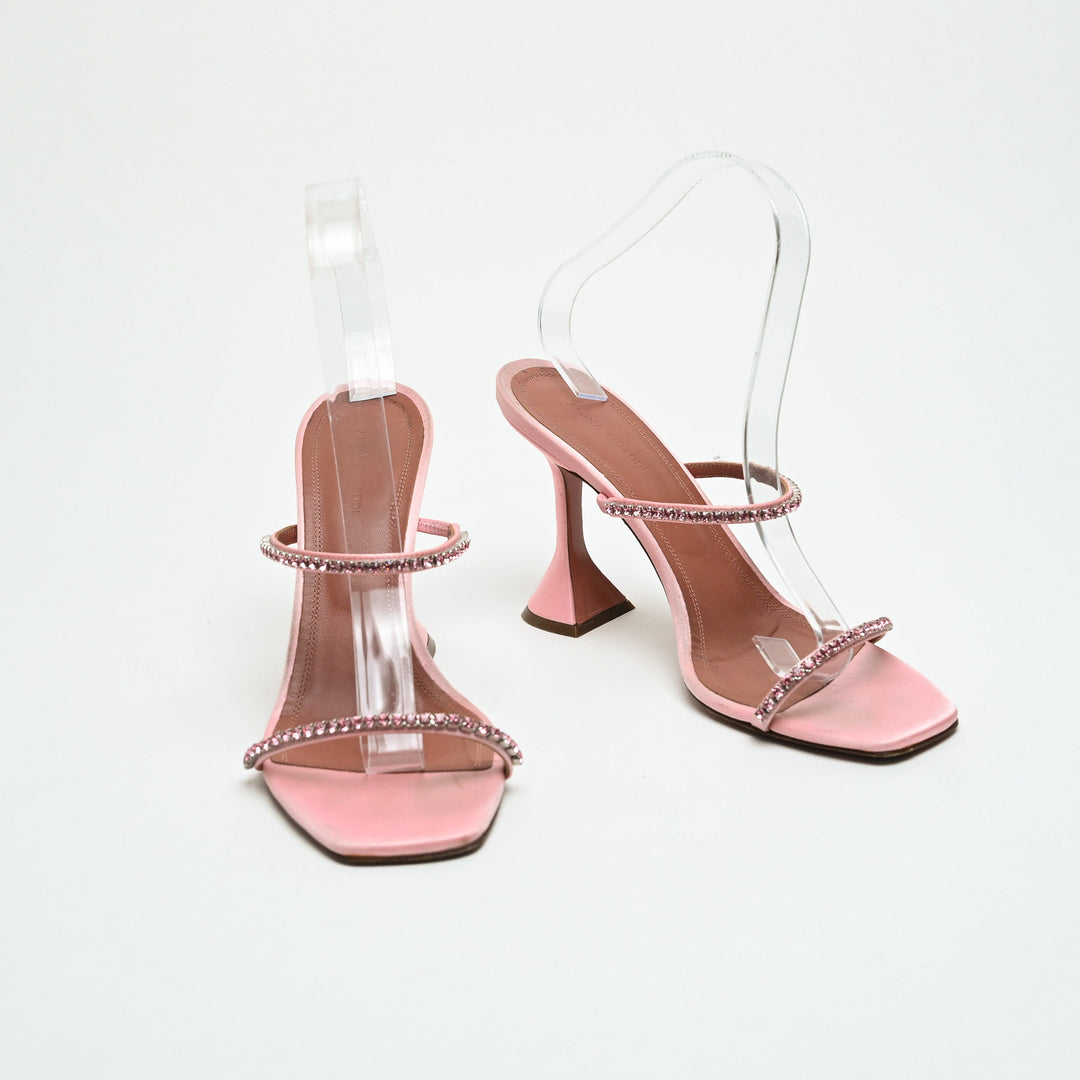 Amina Muaddi Pink Satin Crystal Embellished Heeled Sandals Size 39