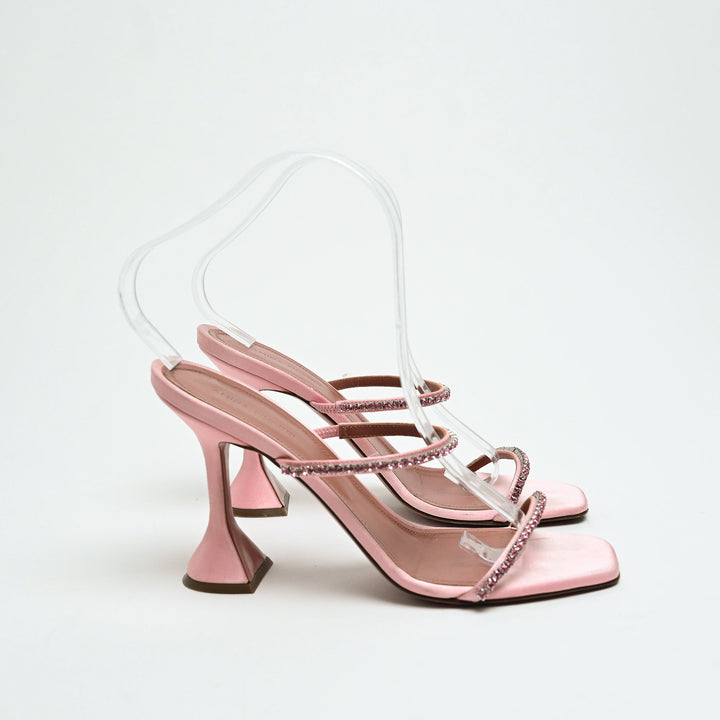 Amina Muaddi Pink Satin Crystal Embellished Heeled Sandals Size 39