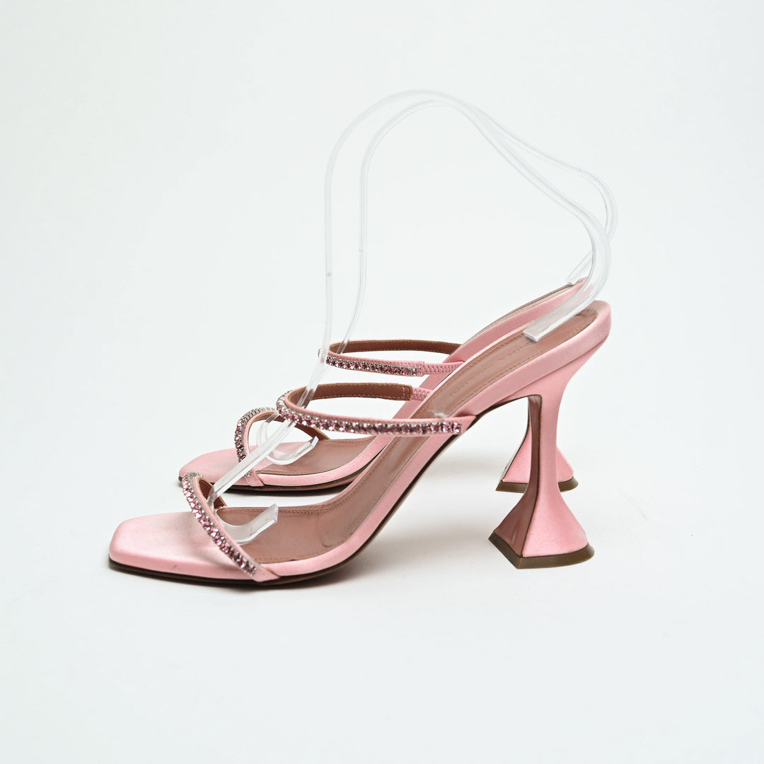 Amina Muaddi Pink Satin Crystal Embellished Heeled Sandals Size 39