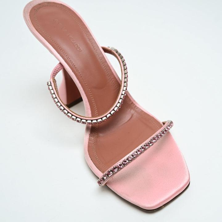 Amina Muaddi Pink Satin Crystal Embellished Heeled Sandals Size 39