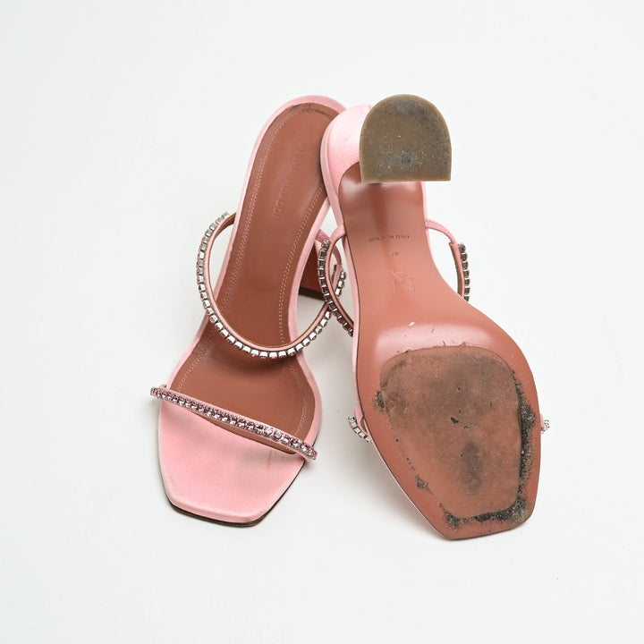 Amina Muaddi Pink Satin Crystal Embellished Heeled Sandals Size 39