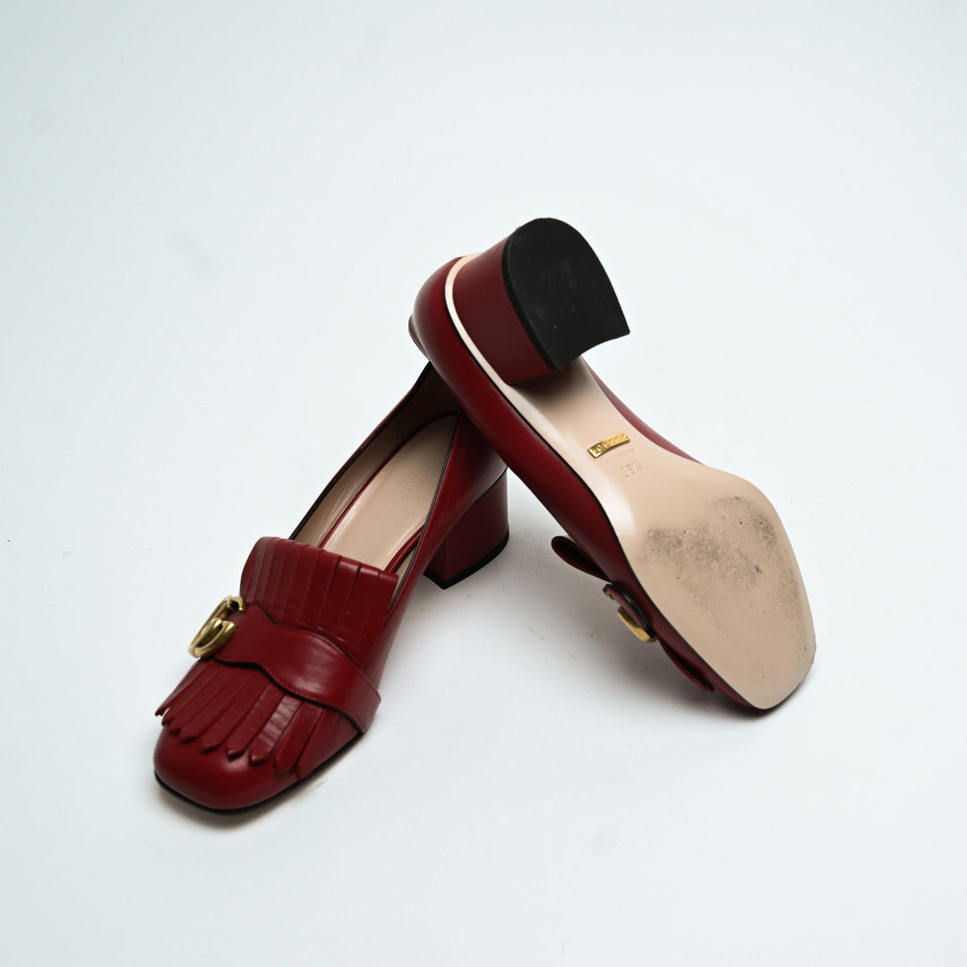 Gucci Red Calfskin Leather GG Marmont Fringe Loafer Pumps Size 36.5