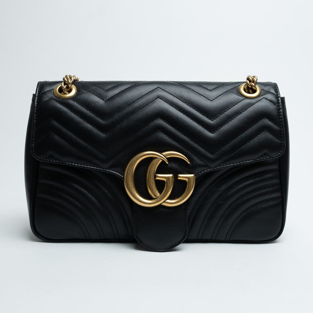 Gucci Black Calfskin Leather Large GG Marmont Shoulder Bag
