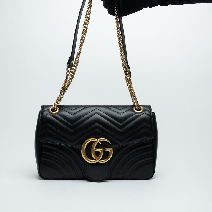 Gucci Black Calfskin Leather Large GG Marmont Shoulder Bag