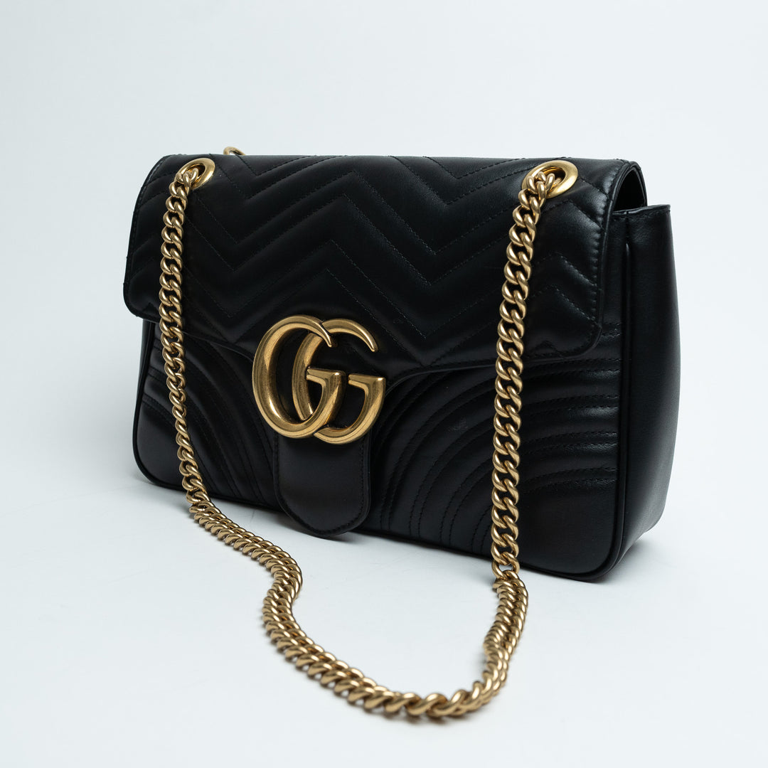 Gucci Black Calfskin Leather Large GG Marmont Shoulder Bag
