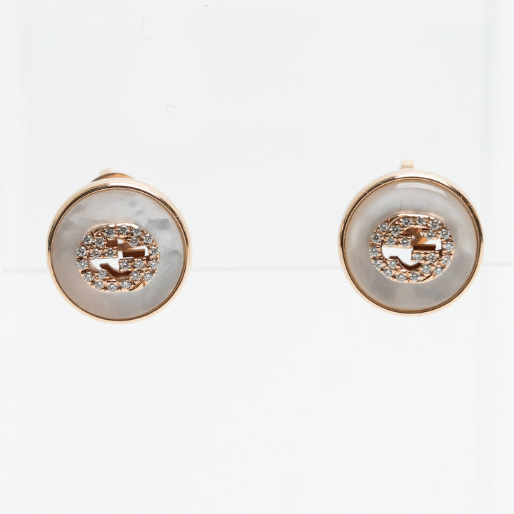 Gucci 18K Rose Gold Mother of Pearl & Diamond Interlocking G Stud Earrings