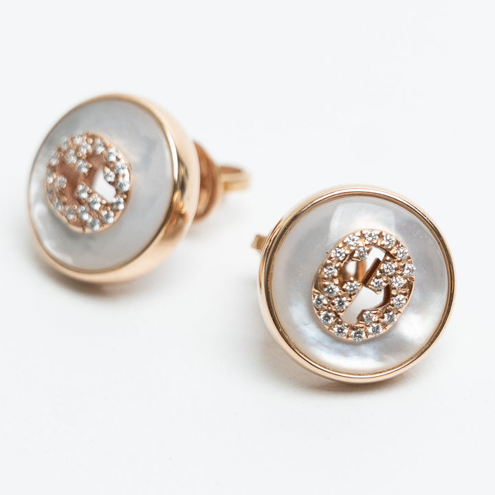 Gucci 18K Rose Gold Mother of Pearl & Diamond Interlocking G Stud Earrings