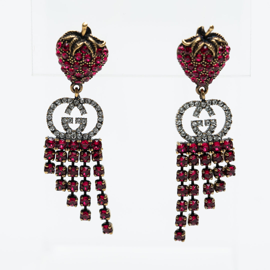 Gucci Crystal Strawberry Drop Earrings with Logo Detail