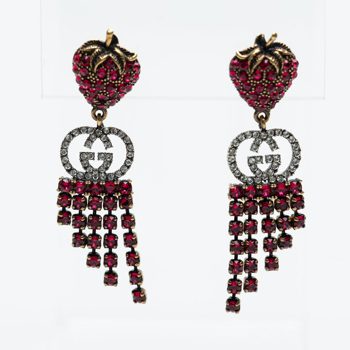 Gucci Crystal Strawberry Drop Earrings with Logo Detail