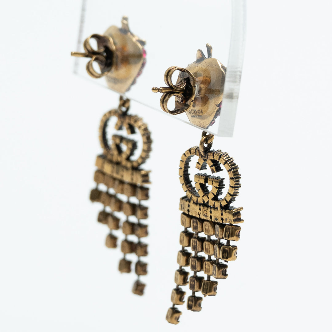 Gucci Crystal Strawberry Drop Earrings with Logo Detail