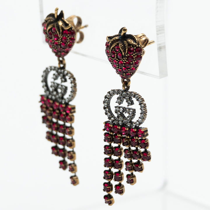 Gucci Crystal Strawberry Drop Earrings with Logo Detail