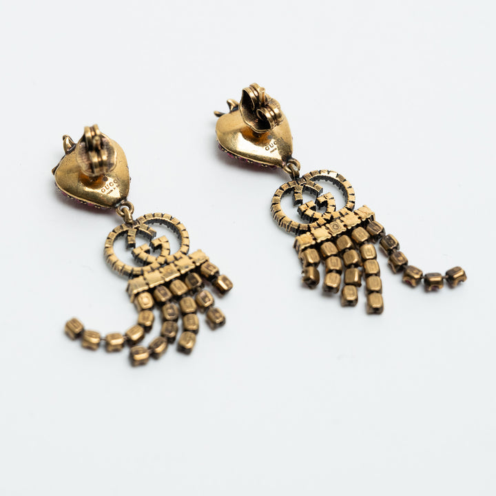 Gucci Crystal Strawberry Drop Earrings with Logo Detail