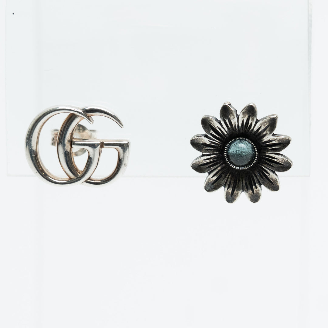 Gucci Sterling Silver GG Marmont & Flower Stud Earrings with Blue Topaz