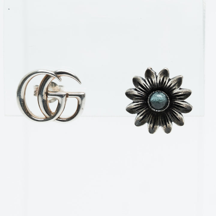 Gucci Sterling Silver GG Marmont & Flower Stud Earrings with Blue Topaz