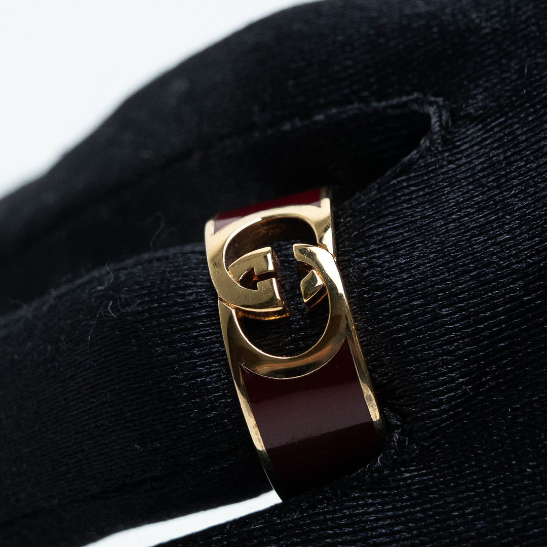Gucci Gold Tone Burgundy Enamel Interlocking G Ring Size 16