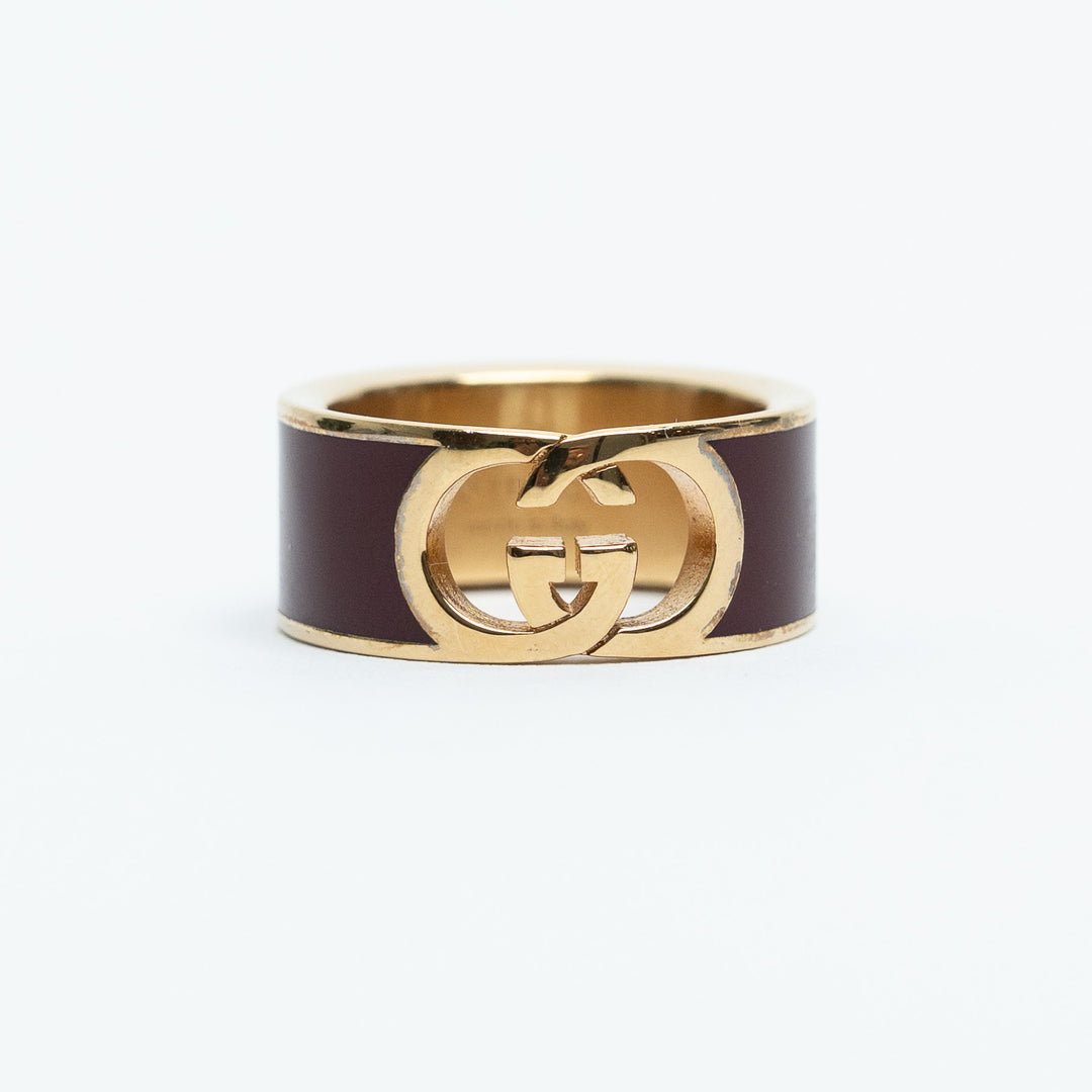 Gucci Gold Tone Burgundy Enamel Interlocking G Ring Size 16