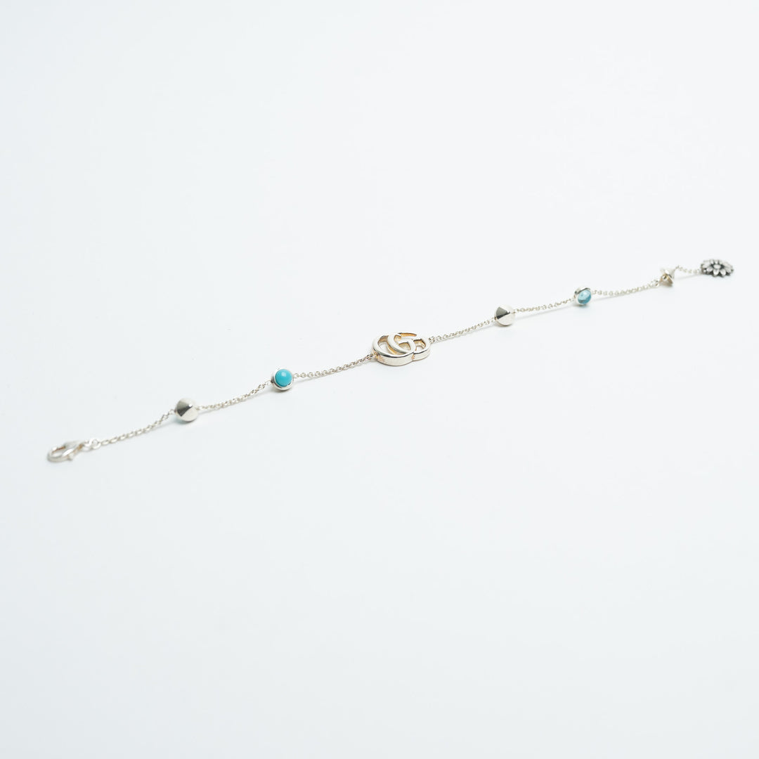 Gucci Sterling Silver GG Marmont Flower Bracelet with Blue Topaz, Mother of Pearl, & Turquoise Resin