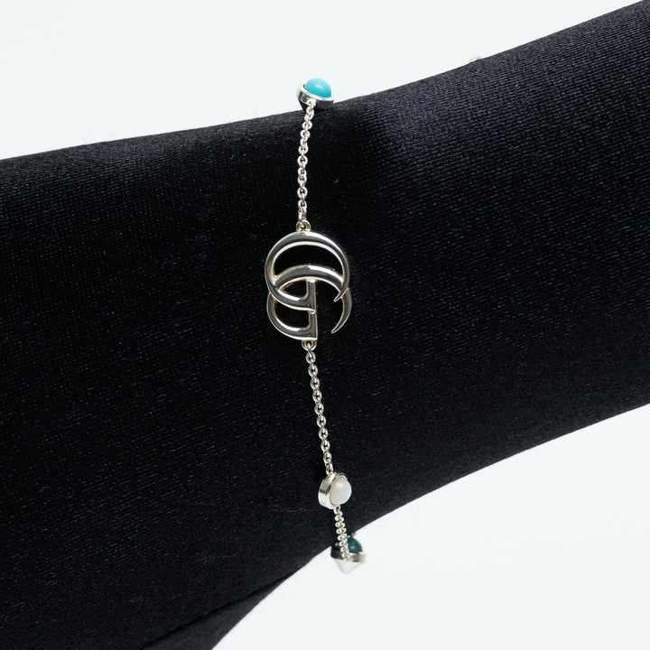 Gucci Sterling Silver GG Marmont Flower Bracelet with Blue Topaz, Mother of Pearl, & Turquoise Resin