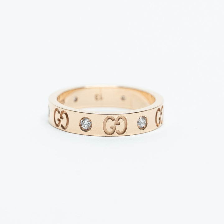 Gucci 18K Rose Gold Icon Thin Band Diamond Ring Size 13