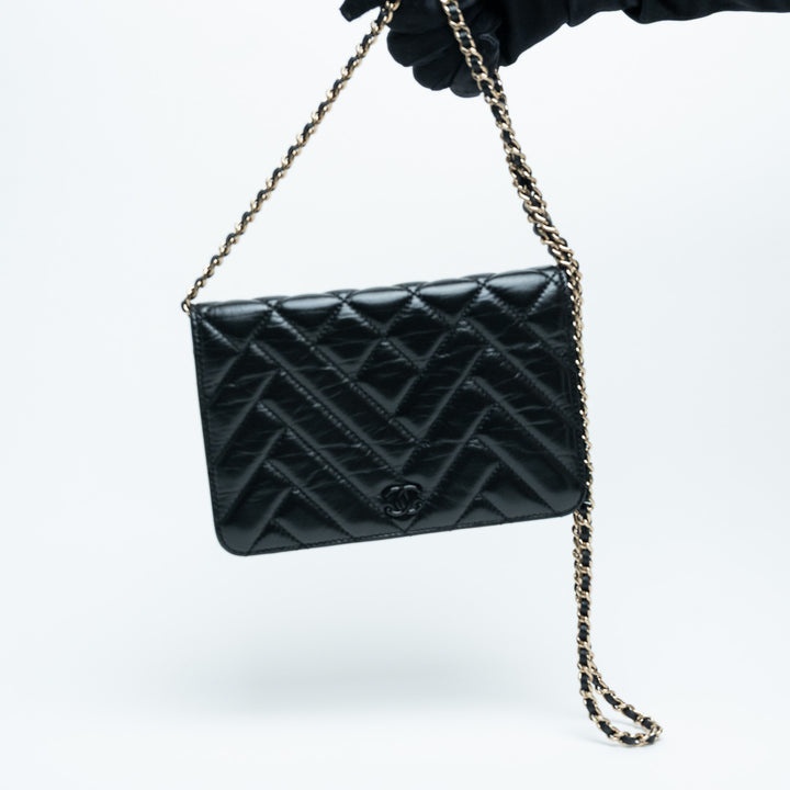 Pre-Loved Chanel™ Black Quilted Aged Lambskin Leather Wallet-On-Chain