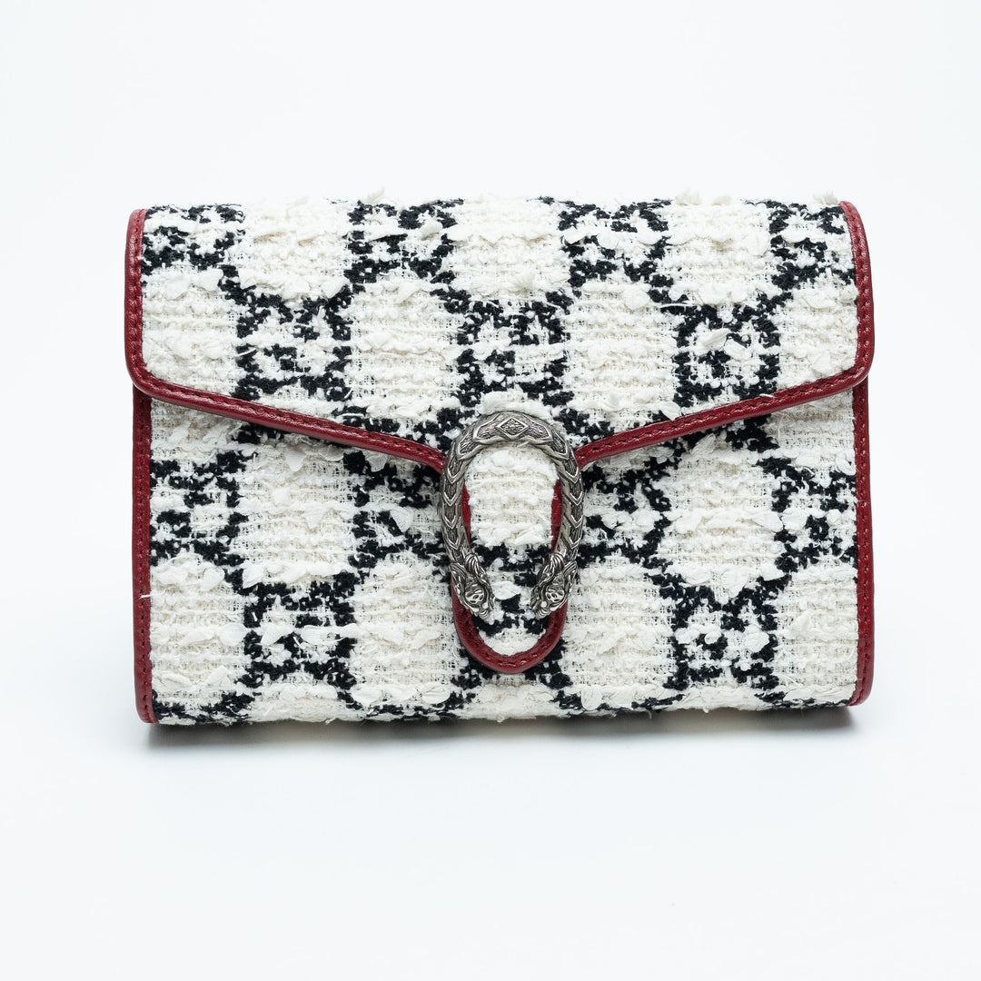 Gucci Red Leather & White Monogram Tweed Dionysus Chain Wallet