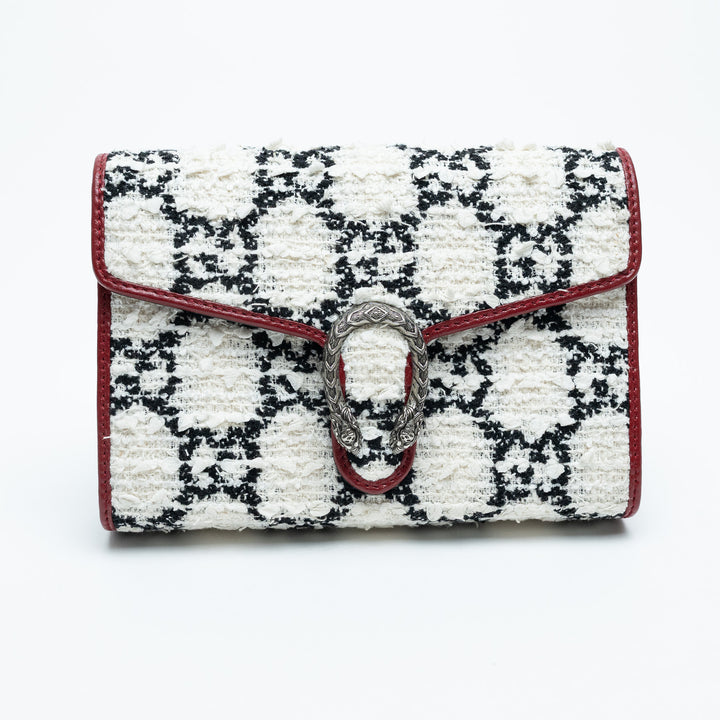 Gucci Red Leather & White Monogram Tweed Dionysus Chain Wallet