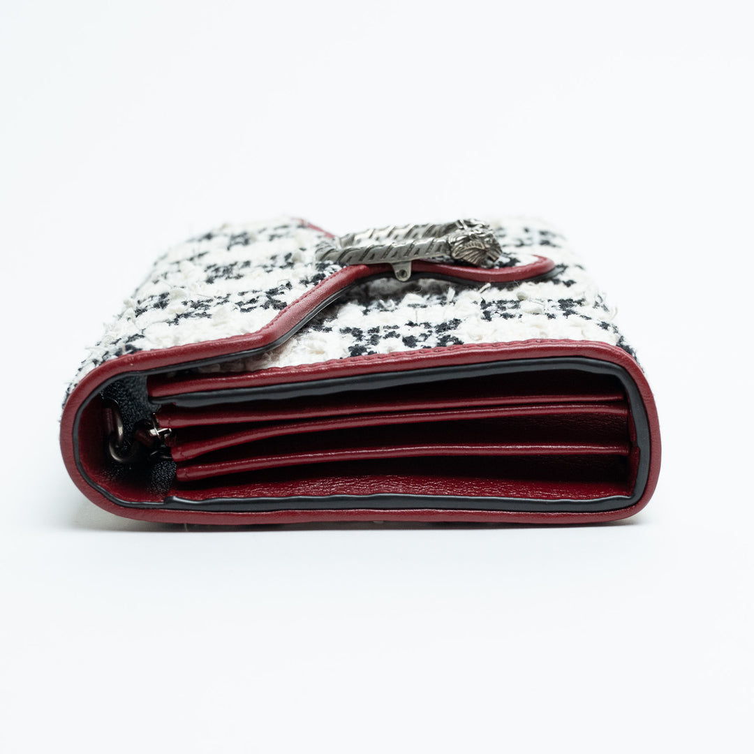 Gucci Red Leather & White Monogram Tweed Dionysus Chain Wallet