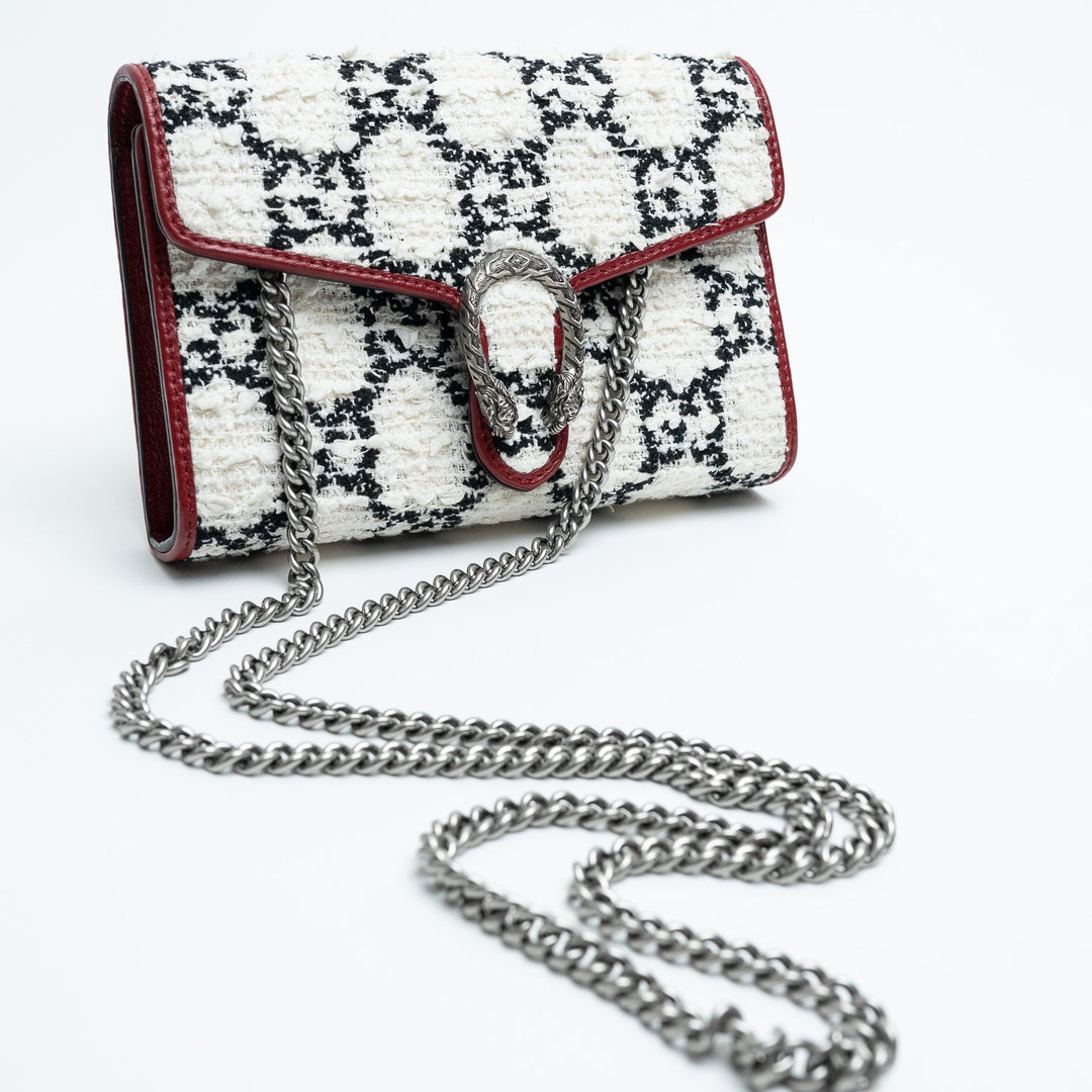 Gucci Red Leather & White Monogram Tweed Dionysus Chain Wallet