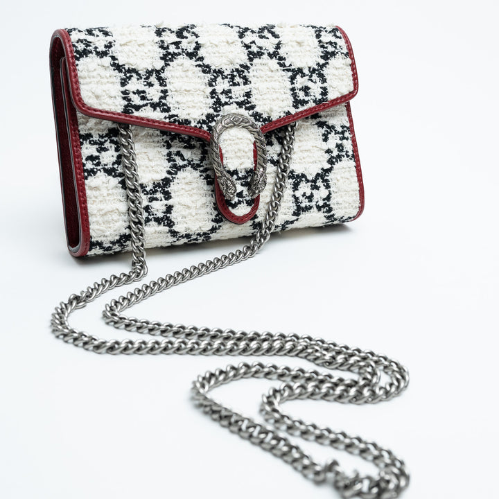 Gucci Red Leather & White Monogram Tweed Dionysus Chain Wallet