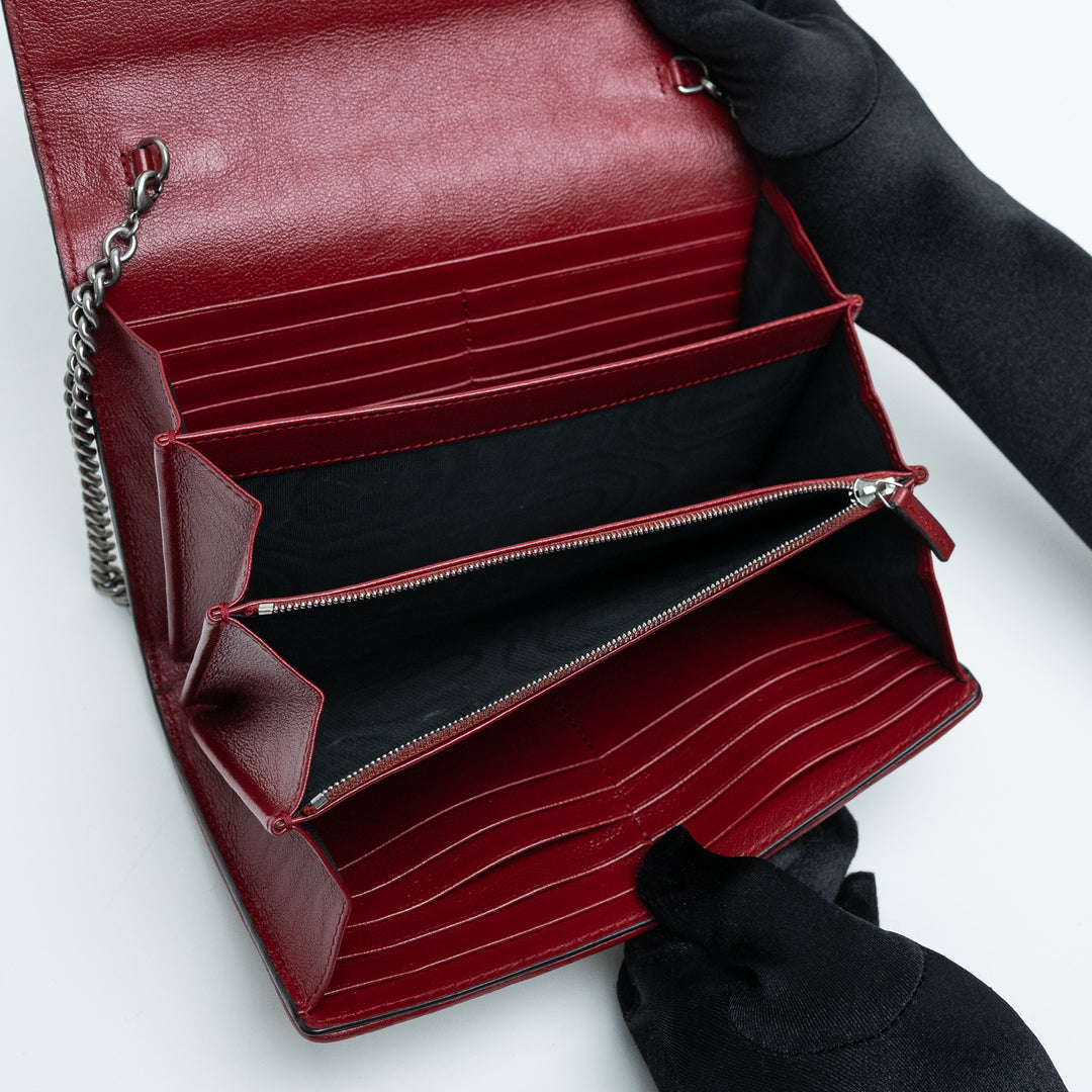 Gucci Red Leather & White Monogram Tweed Dionysus Chain Wallet