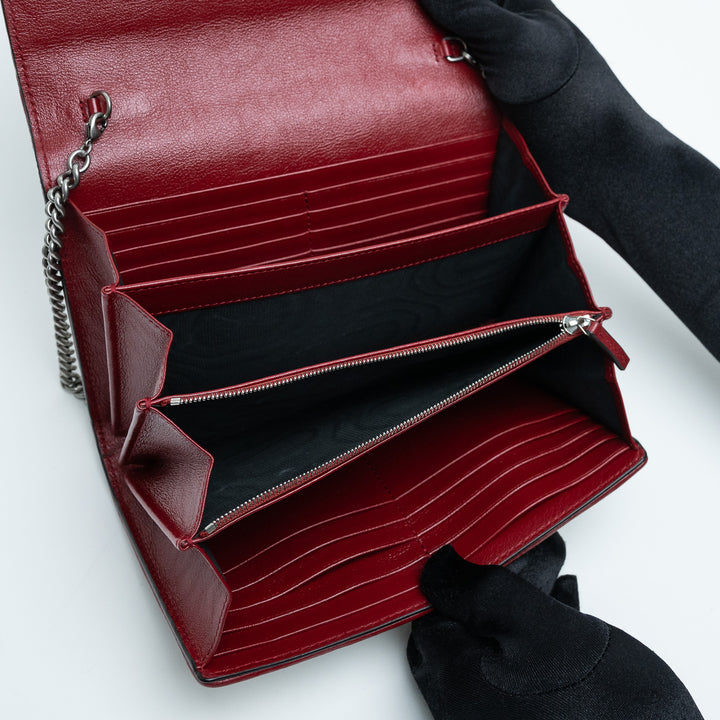 Gucci Red Leather & White Monogram Tweed Dionysus Chain Wallet