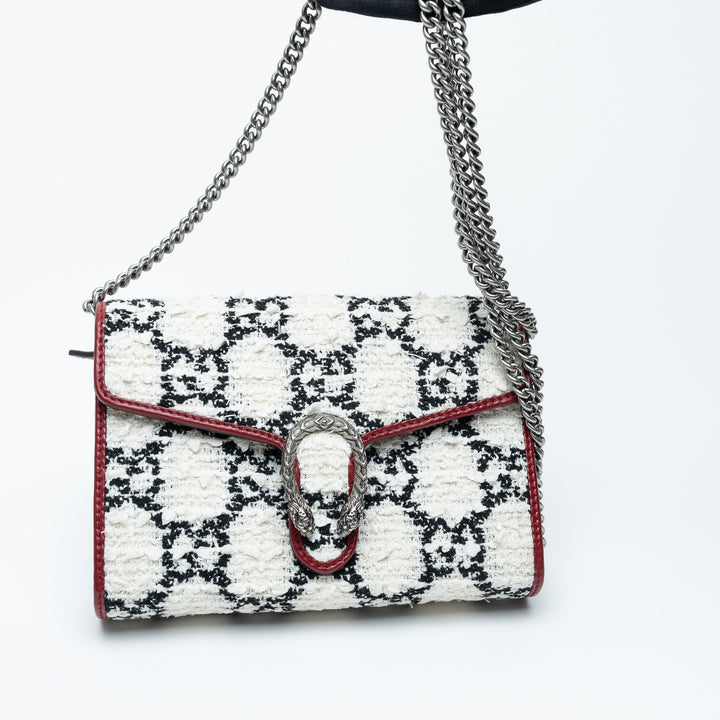 Gucci Red Leather & White Monogram Tweed Dionysus Chain Wallet