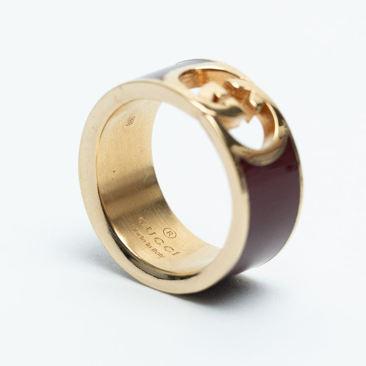 Gucci Gold Tone Burgundy Enamel Interlocking G Ring Size 16