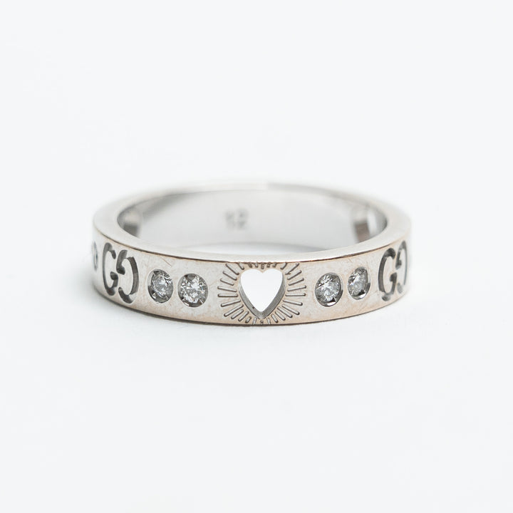 Gucci 18K White Gold Diamond Icon Heart Ring Size 12